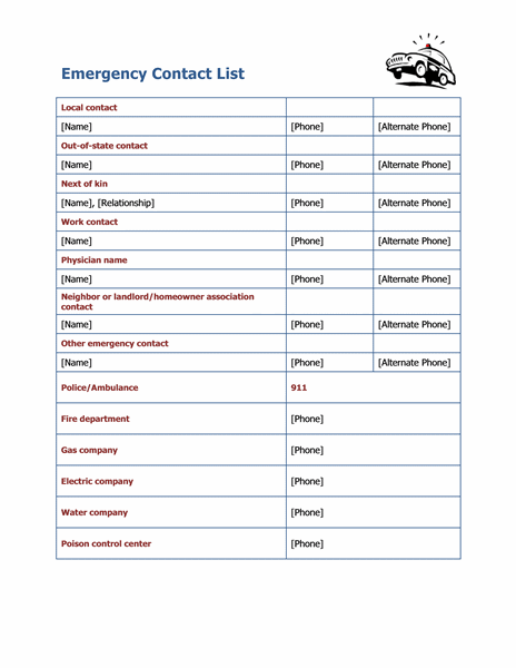 Emergency Contact List Sample Printable Medical Forms Letters Sheets