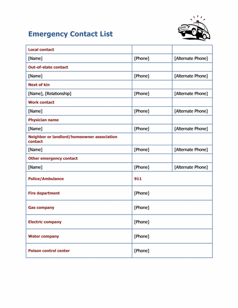 Printable Emergency Contact Sheet