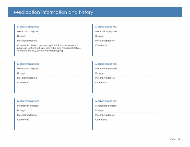 Medication Information and History Form | Printable Medical Forms ...