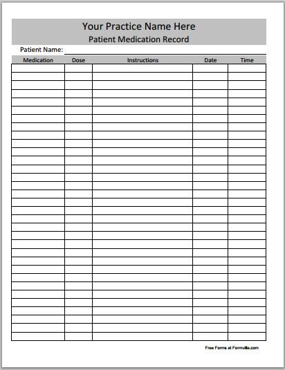 Medication Record Form Templates Download Samples