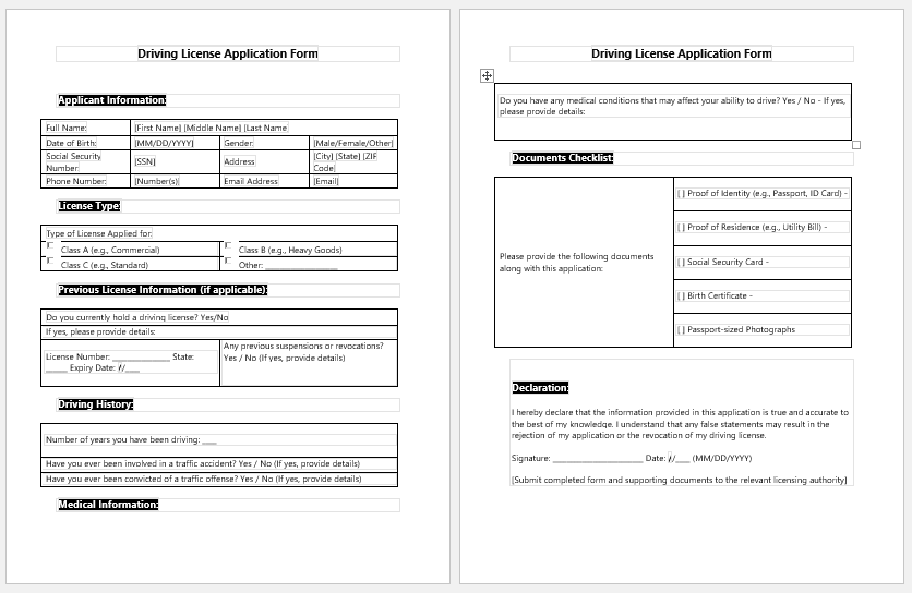 Driving license application form