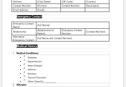 Medical History and Screening Form