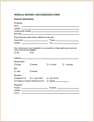 Medical History and Screening Form Template | Download