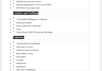 Childbirth Hospital Packing Checklist
