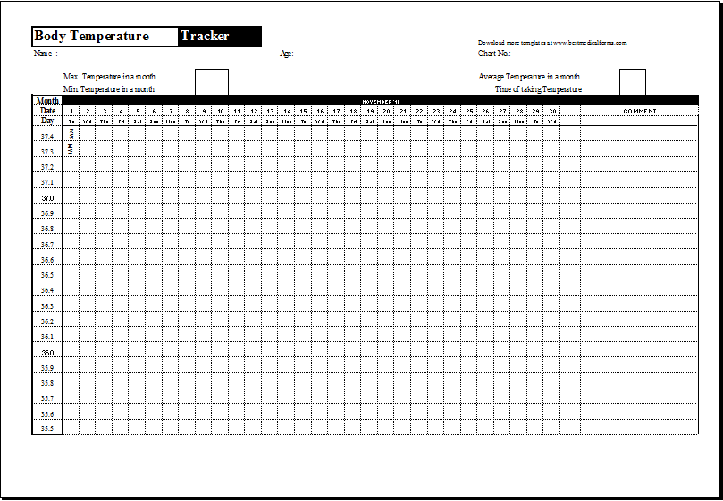 Body Temperature Tracker Template Printable Medical Forms Letters Sheets