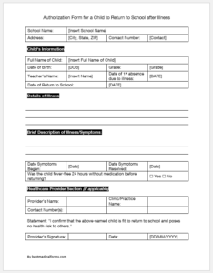 Authorization Form for a Child to Return to School after Illness