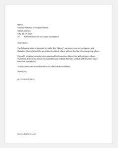 Doctor Authorization Letter to Student for not Contagious | Printable