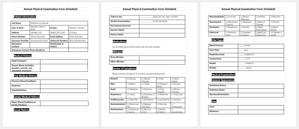 Annual Physical Examination Form (Detailed)