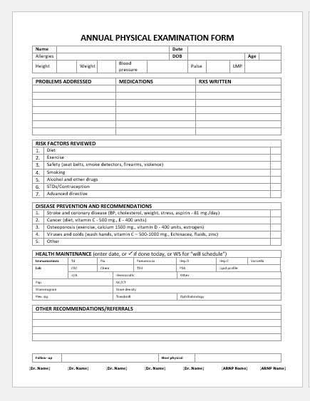 Basic Physical Exam Forms Free Printable