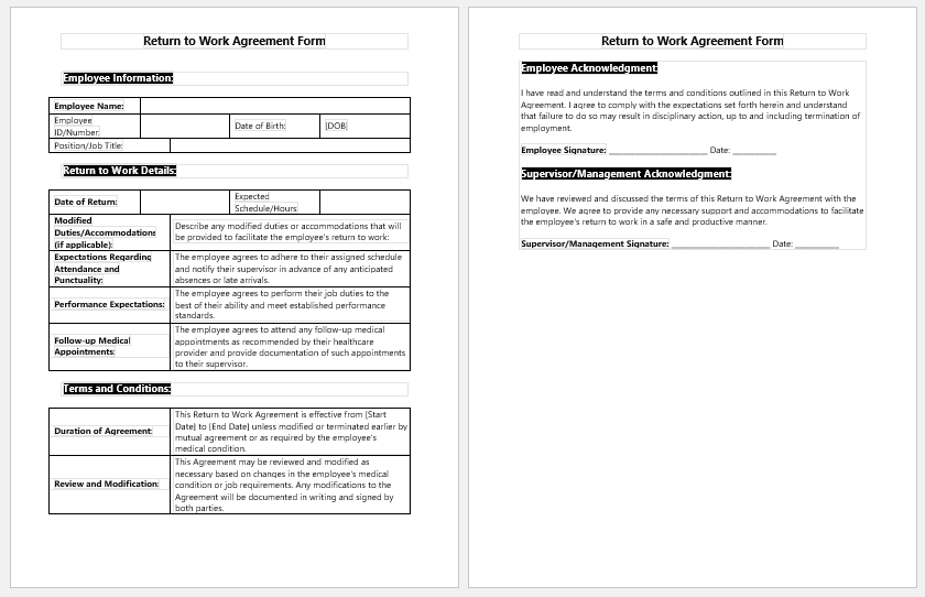 Return to Work Agreement Form