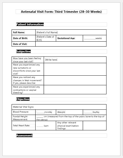 Antenatal Visit Form- Third Trimester (28–30 Weeks)