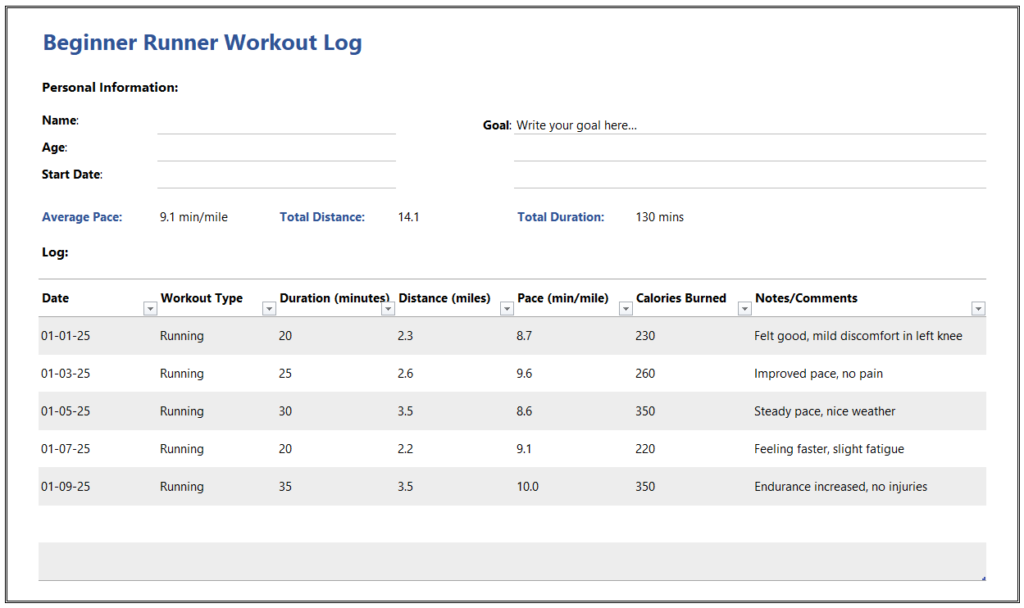 Beginner Runner Workout Log Template