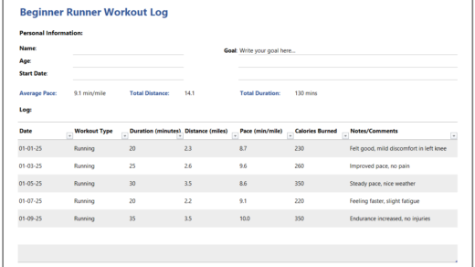 Beginner Runner Workout Log Template