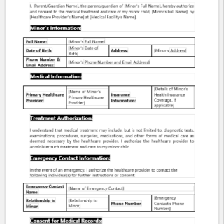 Consent of Treatment Form for Minor