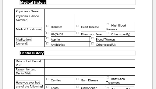 Dental Health History Form