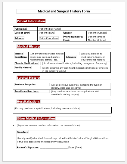 Medical and Surgical History Form