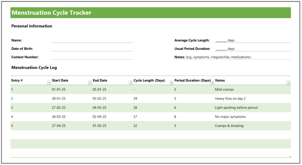 Menstruation Cycle Tracker for Excel