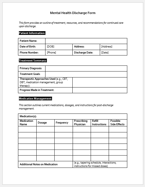 Mental Health Discharge Form Template