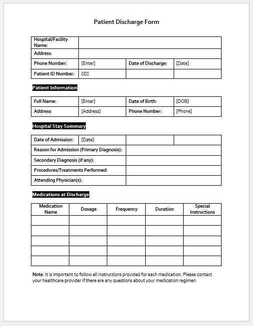 Patient Discharge Form Template