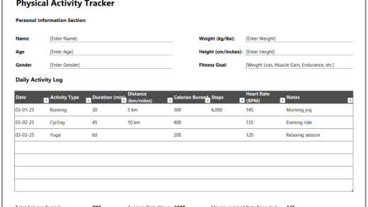 Physical Activity Tracker for Excel