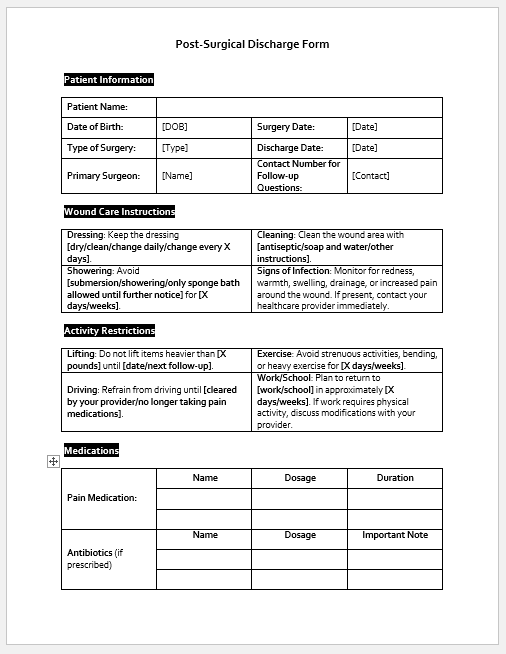 Post-Surgical Discharge Form Template