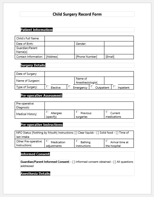 Child Surgery Record Form