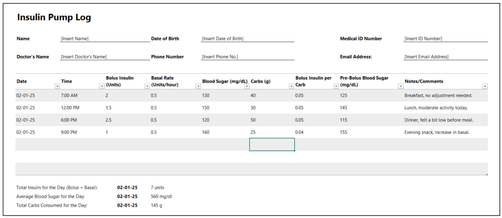 Insulin Pump Log Template