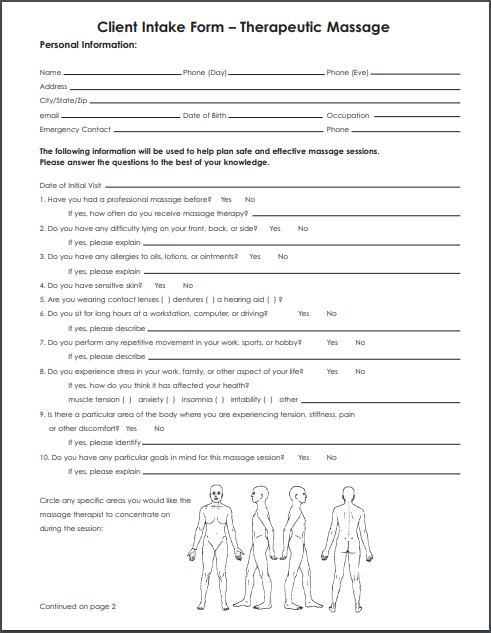 Massage Client Intake Forms PDF MS Word Printable Medical Forms 