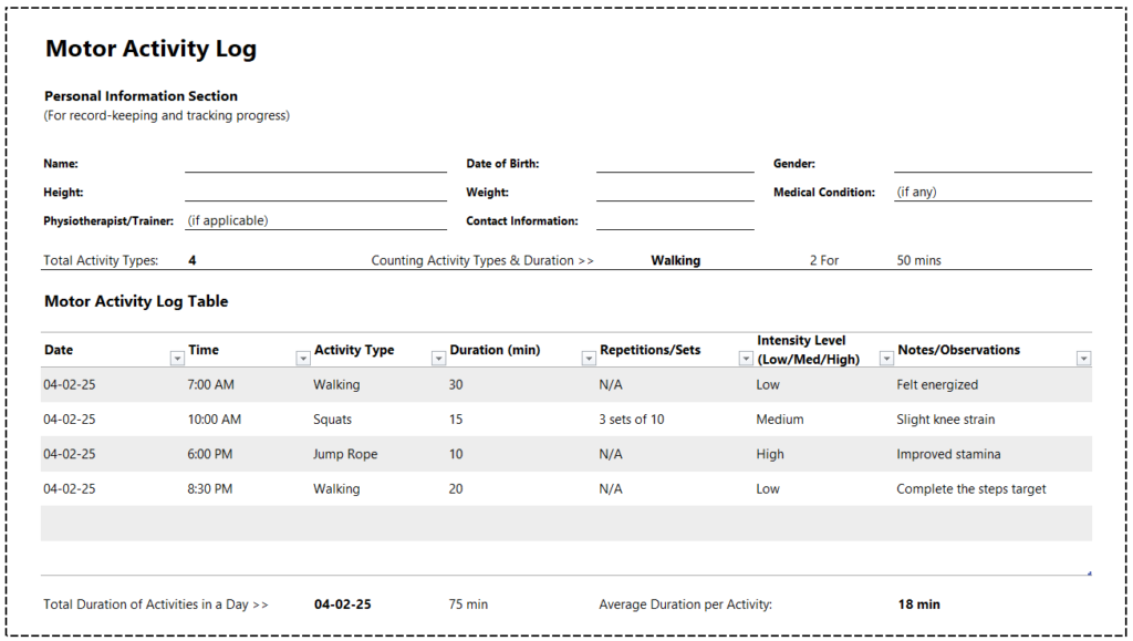 Motor Activity Log Template for Excel