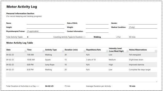 Motor Activity Log Template for Excel