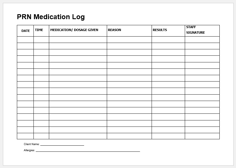Prn Medication Record Sheet Log Printable Medical Forms Letters Sheets