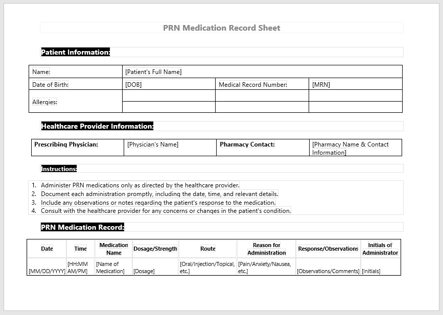 PRN Medication Record Sheet