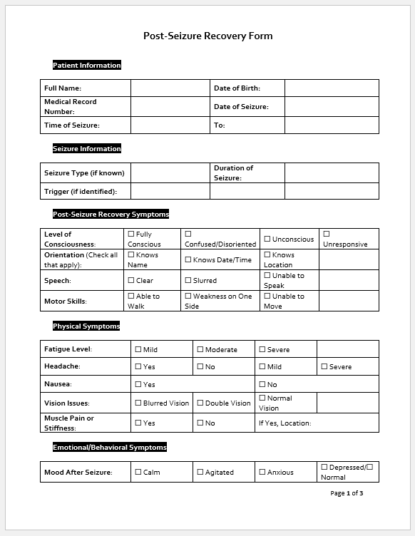 Post-Seizure Recovery Form