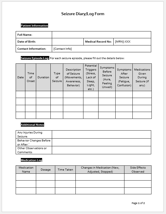 Seizure Diary/Log Form