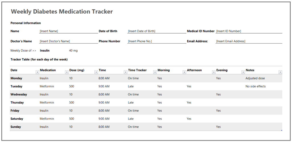 Weekly Diabetes Medication Tracker Template