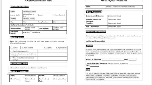Athlete Physical Fitness Form