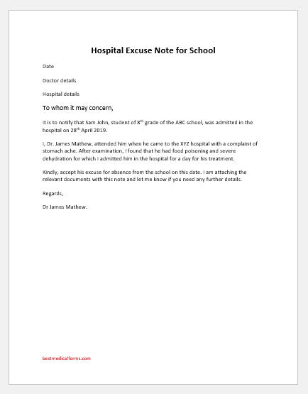 Hospital Excuse Notes For School And Work Printable Medical Forms Letters Sheets