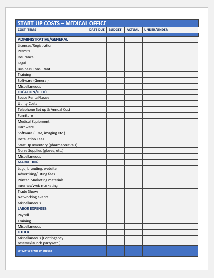 Medical Office Startup Cost Sheet Template | Download