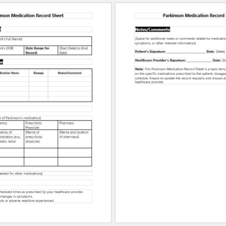 Parkinson Medication Record Sheet