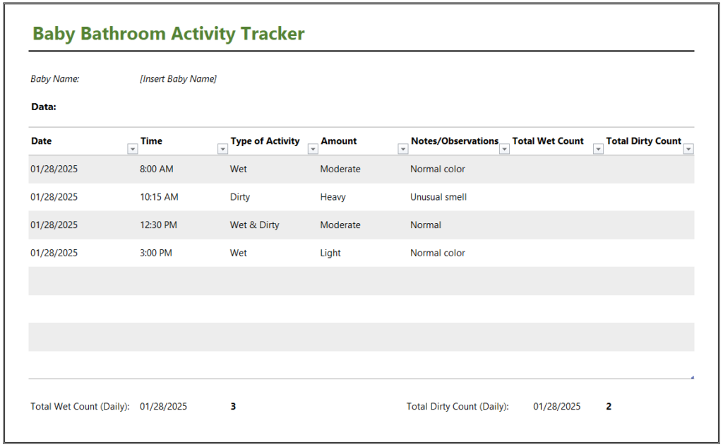 Baby Bathroom Activity Tracker Template