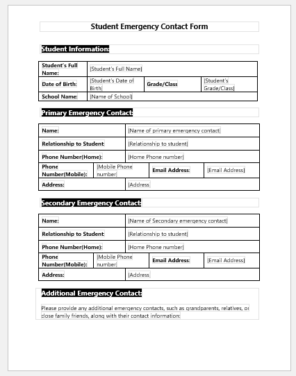 Emergency Contact Form for Student