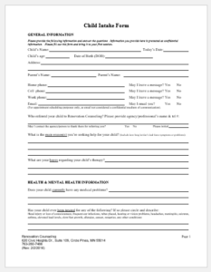 Child Intake Form Template for Word | Download Sample