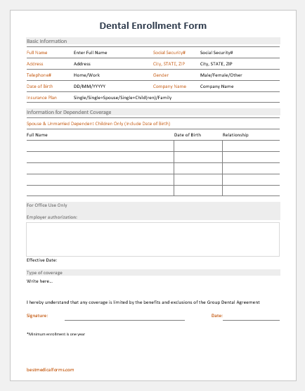 Dental Enrollment Form Template For Word Printable Medical Forms Form Example Download 