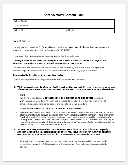Appendectomy Consent Form Template For Word Printable
