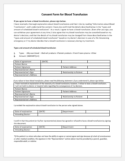 Blood Transfusion Consent Form Template For Word Printable Medical 