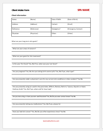 SPA Intake Form Template For Word Download Sample