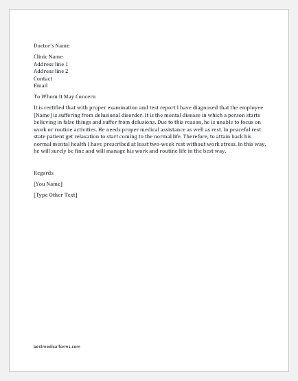 Psychiatric Sick Note for Work Absence | Download Sample