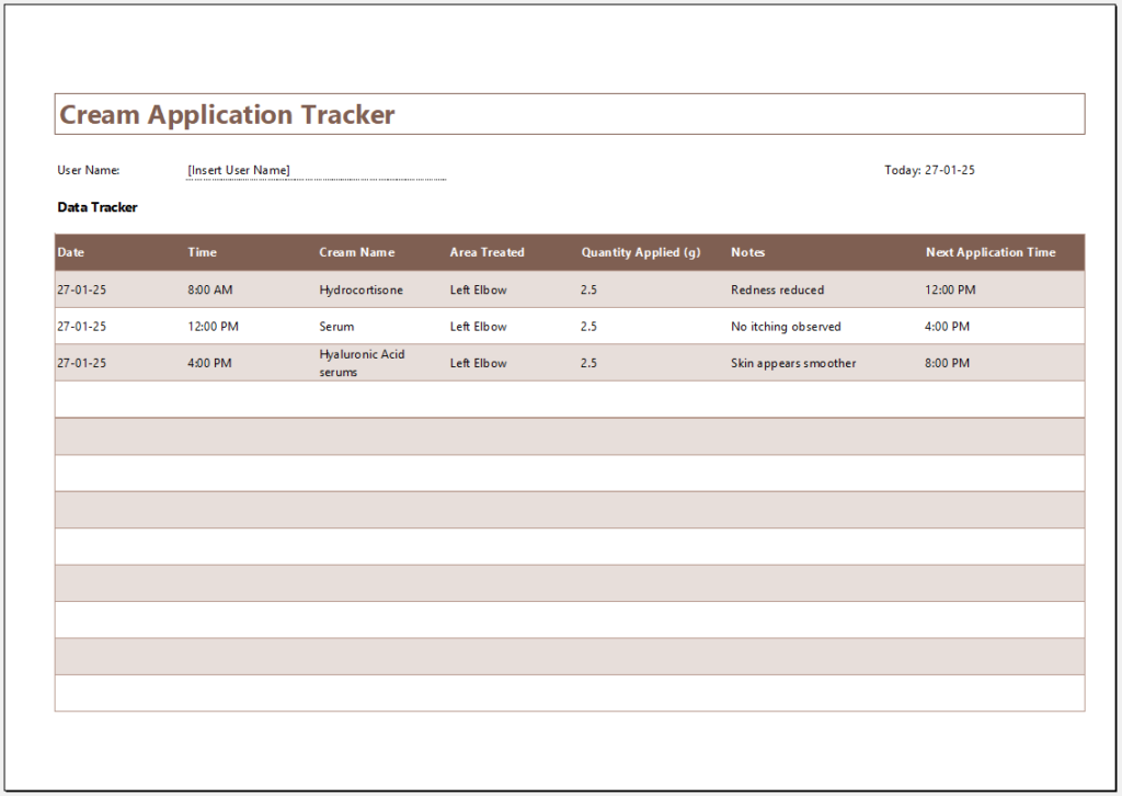 Cream Application Tracker Template