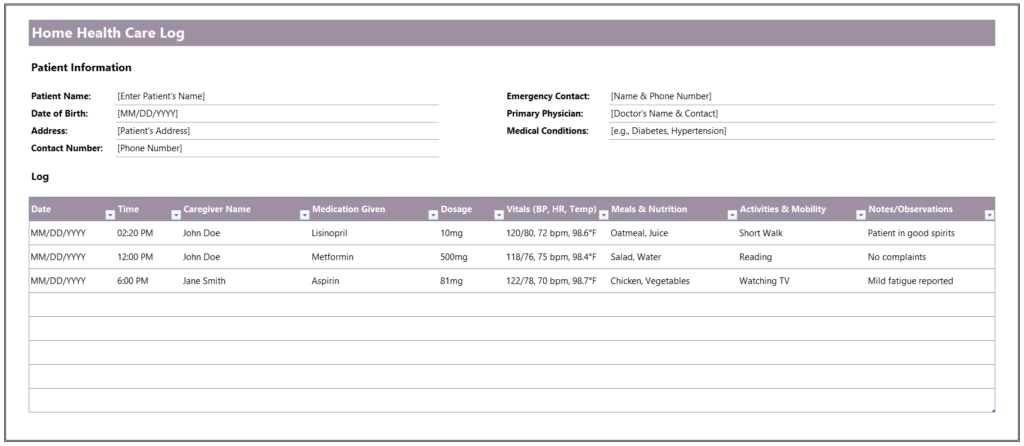 Home Health Care Log Template