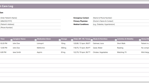 Home Health Care Log Template